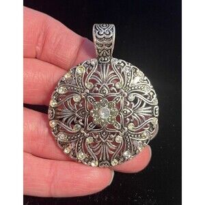 Vintage Avon Nina Ricci Ornate Rhinestone Medallion Pendant Silver Tone 1.75"